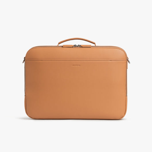 Saddle Tan (Vegan Leather) | Front view of Metro Briefcase in Saddle Tan